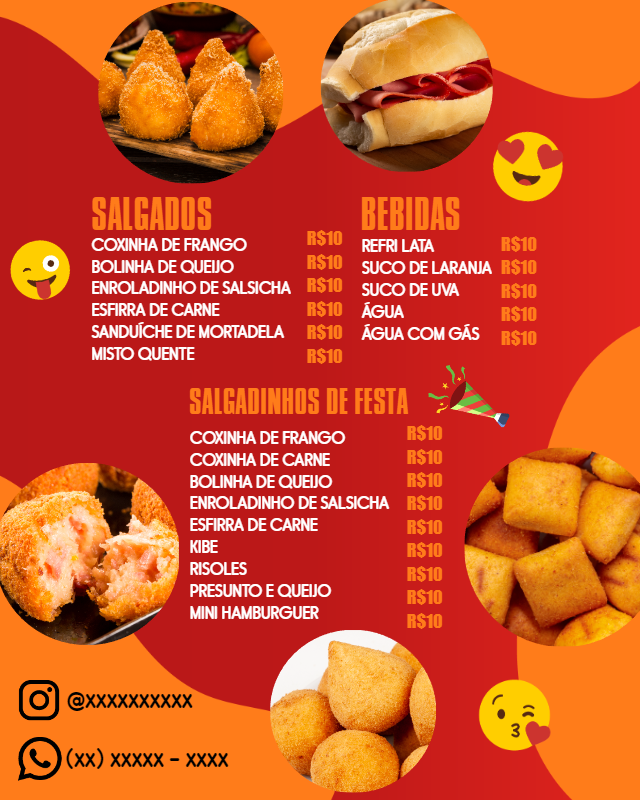 Cardápio de Salgados e Bebidas com Fotos para Editar Online Cardápio de Salgados e Bebidas com Fotos para Editar Online