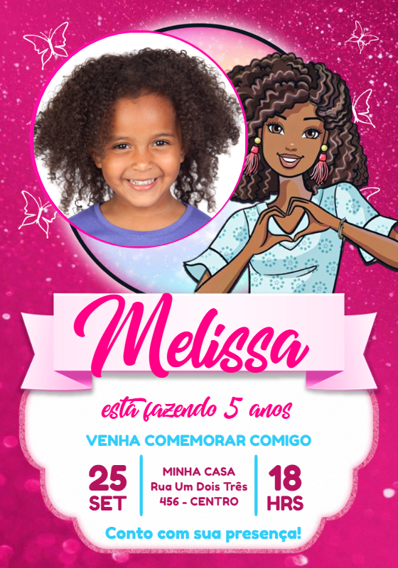 Convite de Aniversário Barbie Negra com Foto para Editar Convite de Aniversário Barbie Negra com Foto para Editar