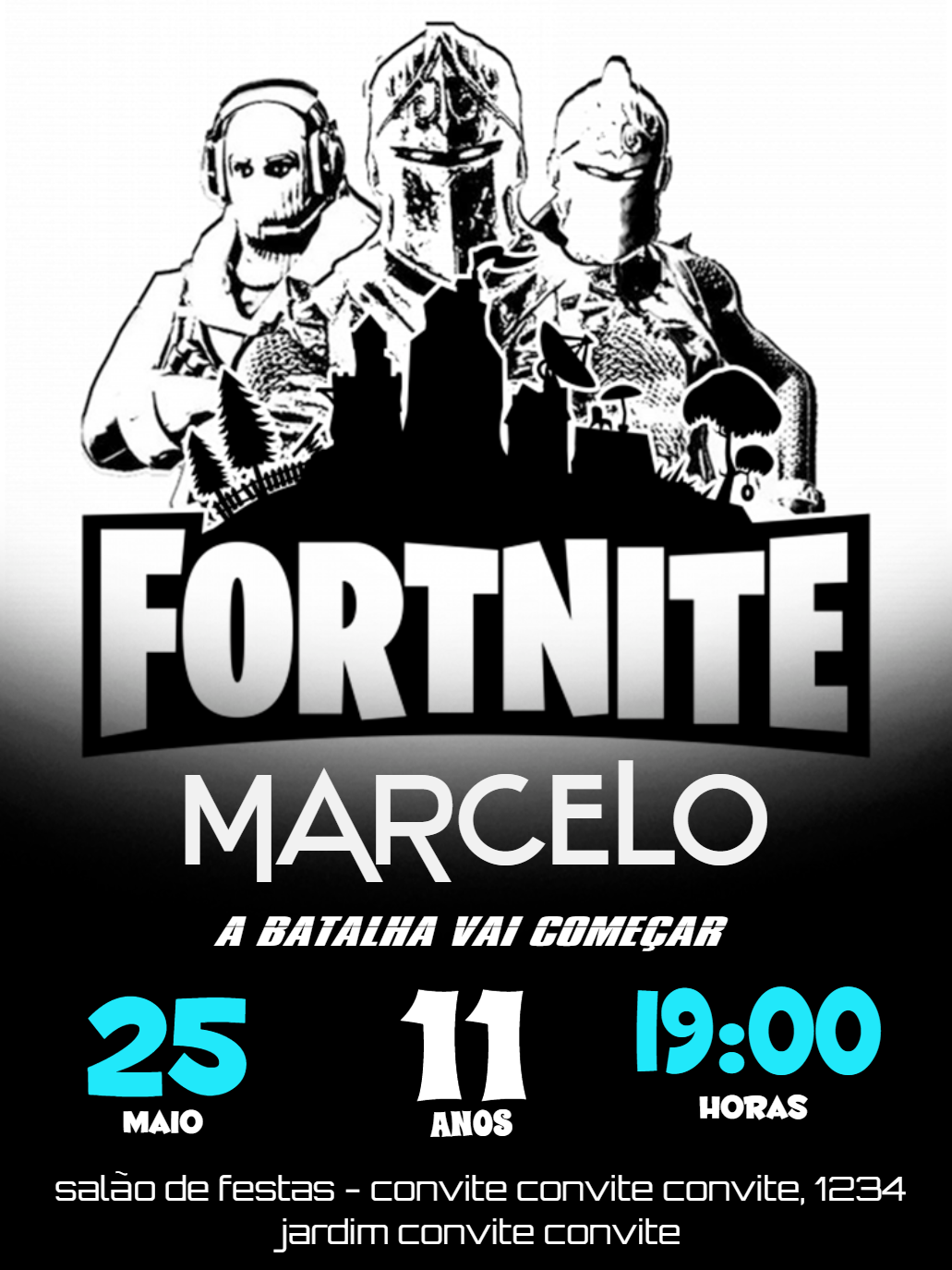 Convite de Aniversário Fortnite com Personagens para Editar