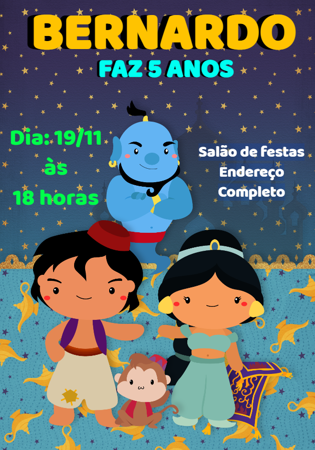 Convite de Aniversário Aladdin e Jasmine para Editar Online Convite de Aniversário Aladdin e Jasmine para Editar Online