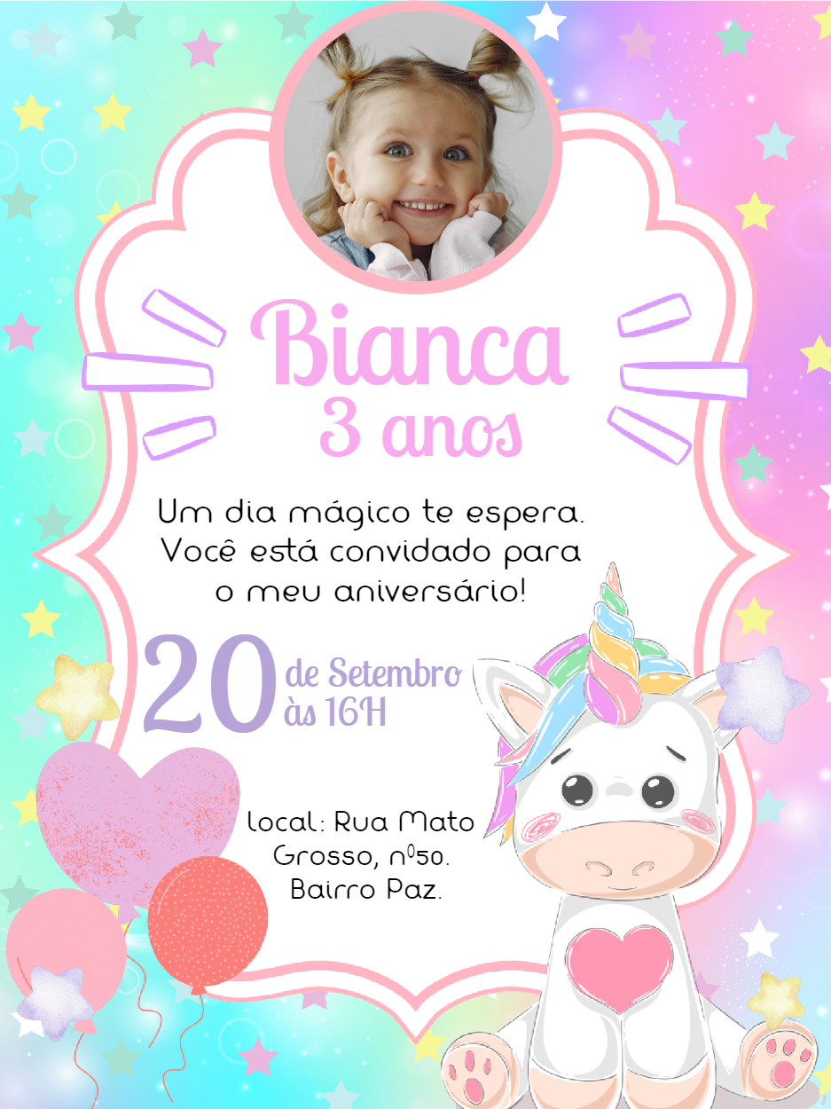 Convite Aniversário Unicórnio com Foto para Editar Online Convite Aniversário Unicórnio com Foto para Editar Online