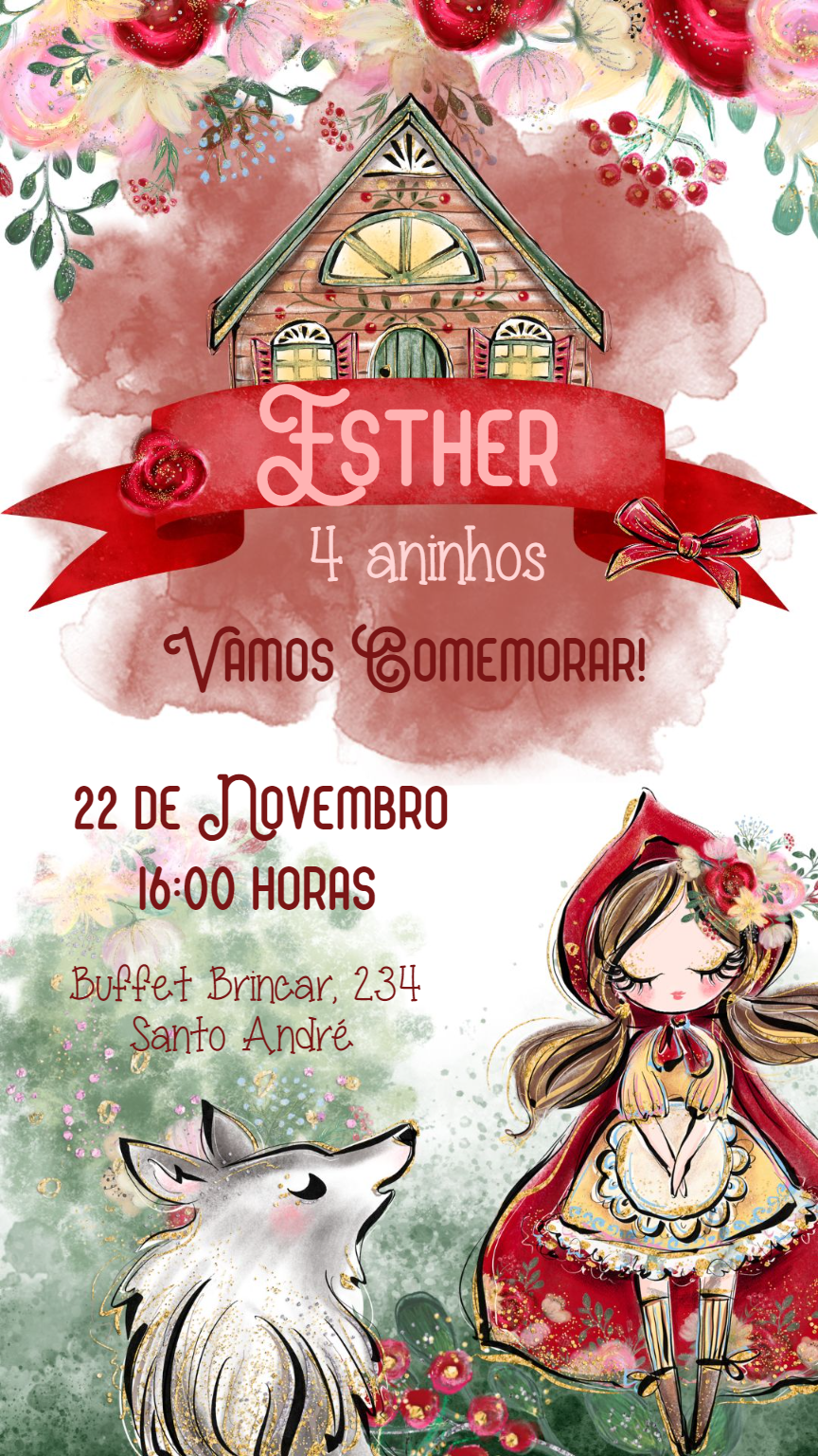 Convite Aniversário Chapéuzinho Vermelho Fofo para Editar Convite Aniversário Chapéuzinho Vermelho Fofo para Editar