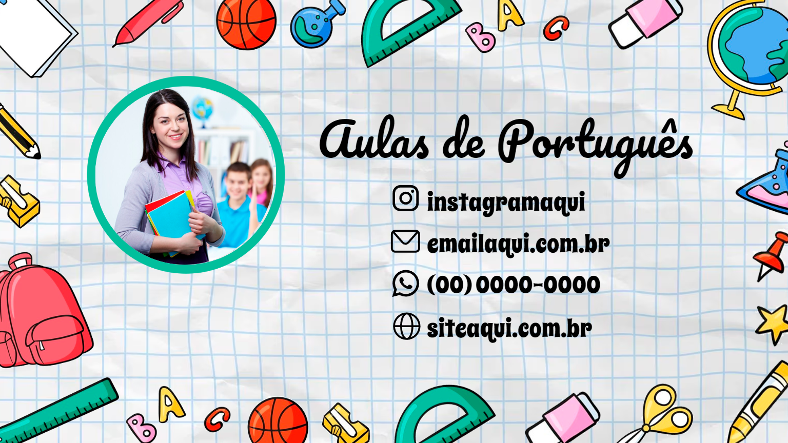 Cartão de Visita Aulas de Português com Tema Escolar para Editar Cartão de Visita Aulas de Português com Tema Escolar para Editar