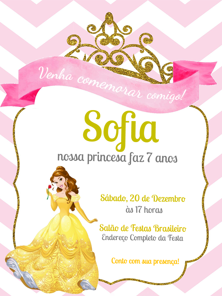 Convite Aniversário Princesa Bela para Editar Online Convite Aniversário Princesa Bela para Editar Online