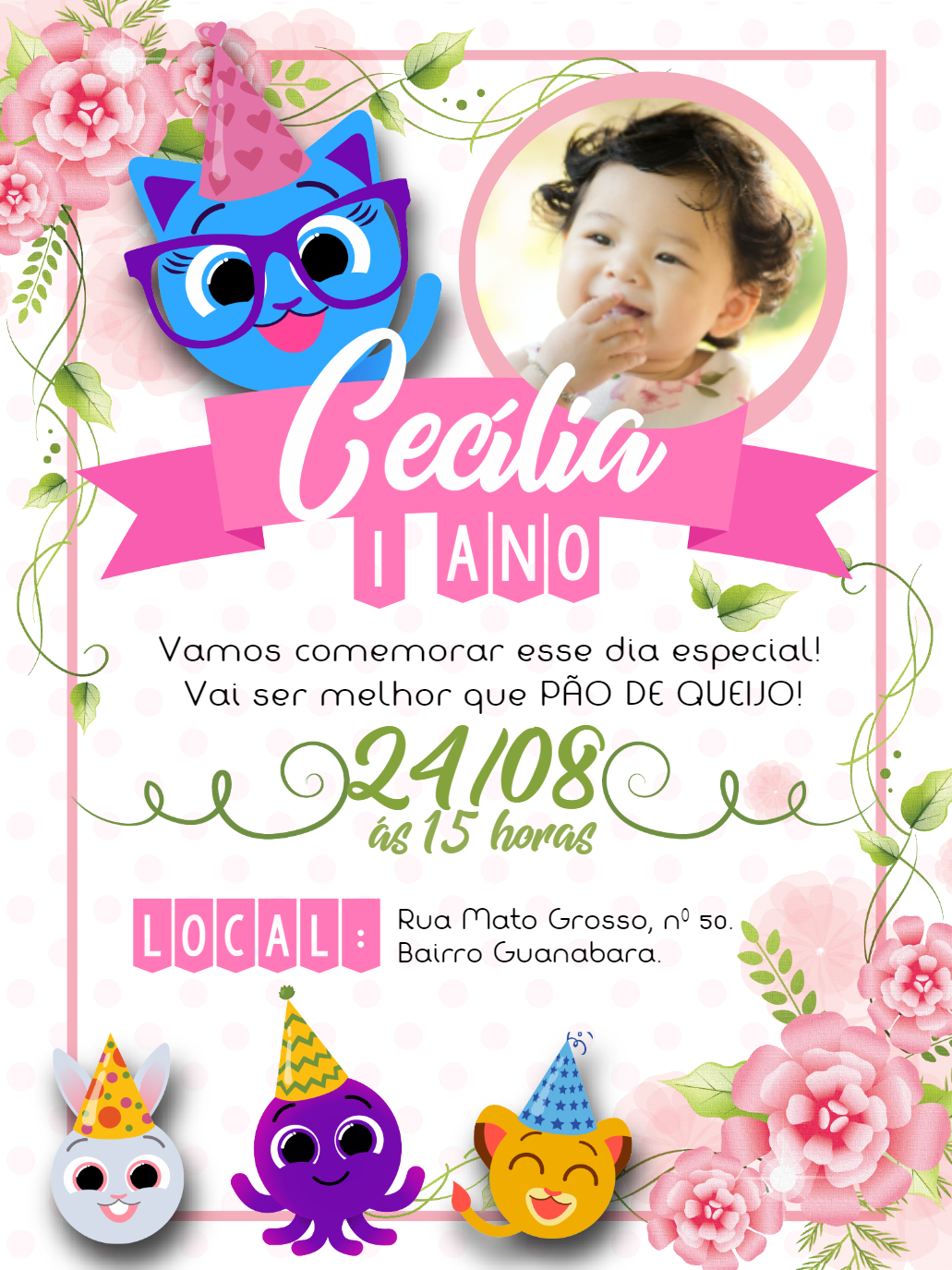 Convite de Aniversário Bolofofos com Foto para Editar Online Convite de Aniversário Bolofofos com Foto para Editar Online