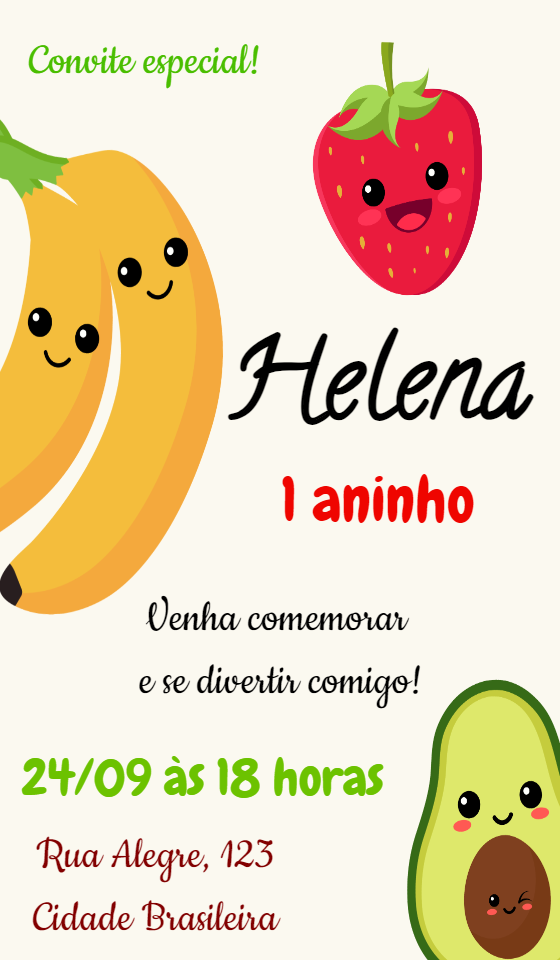 Convite de Aniversário Frutinhas Fofas para Editar Online Convite de Aniversário Frutinhas Fofas para Editar Online