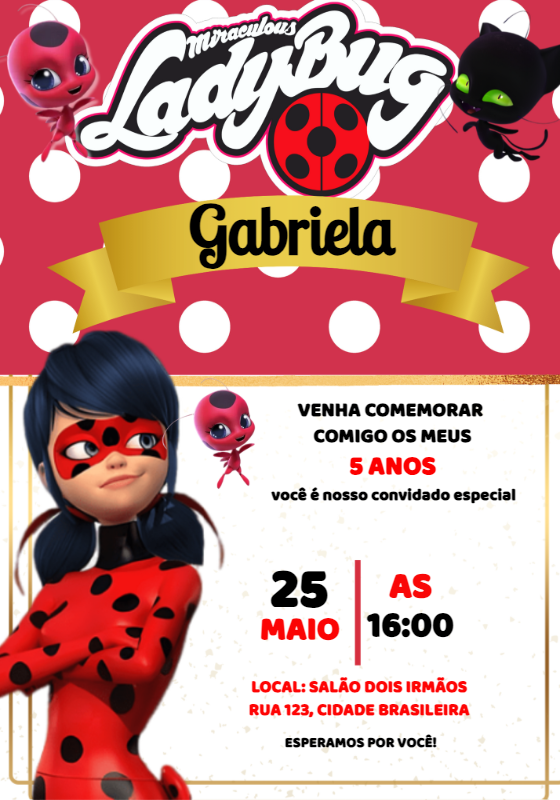 Convite Aniversário Ladybug Miraculous para Editar Online Convite Aniversário Ladybug Miraculous para Editar Online