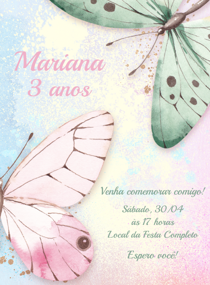 Convite Aniversário Borboletas Aquarela para Editar Online Convite Aniversário Borboletas Aquarela para Editar Online