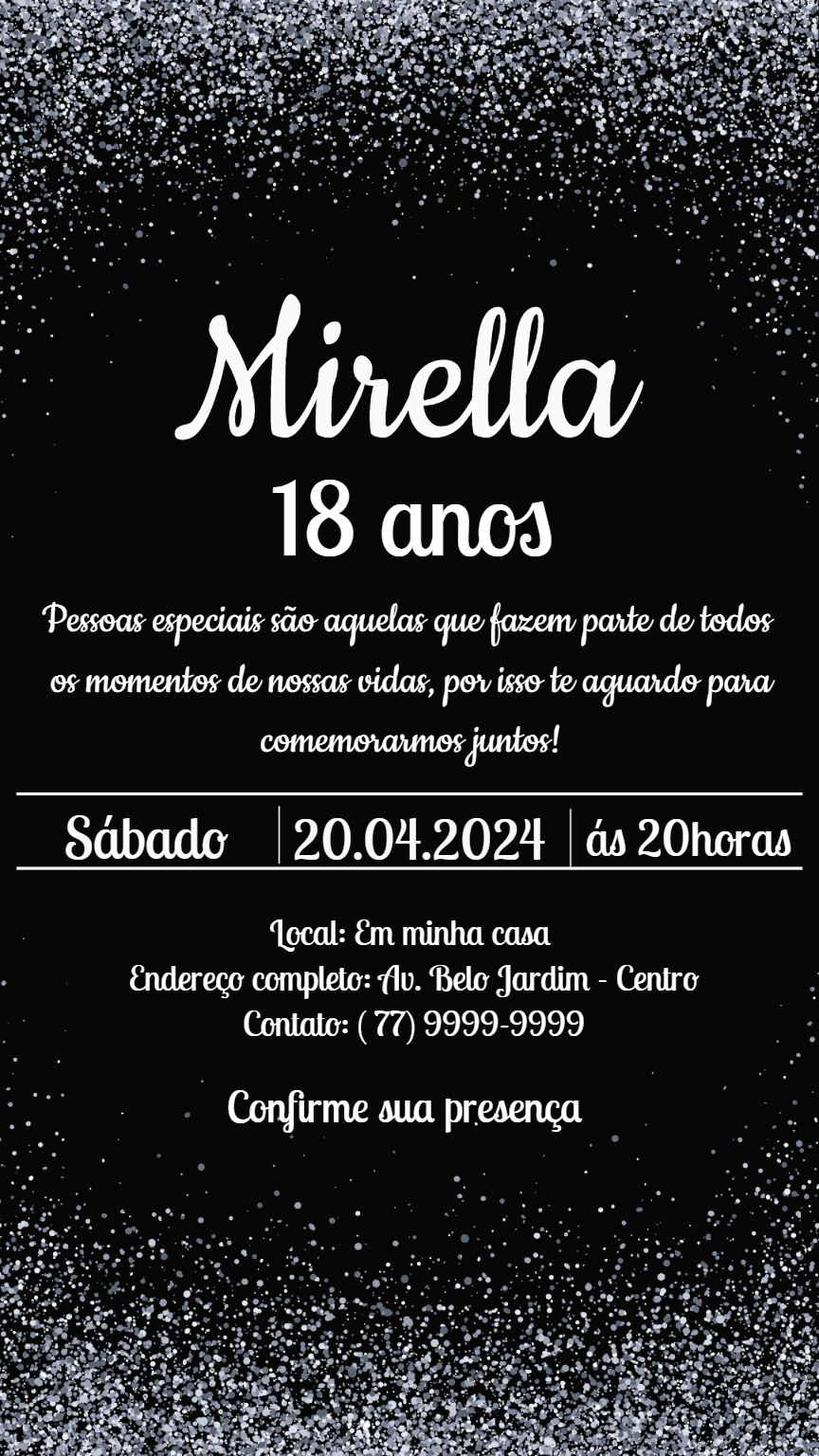 Convite de Aniversário Glitter Preto e Prata para Editar Online Convite de Aniversário Glitter Preto e Prata para Editar Online