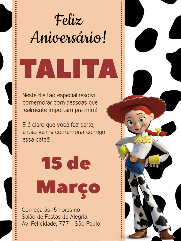 Convite de Aniversário Jessie Toy Story para Editar Online Convite de Aniversário Jessie Toy Story para Editar Online
