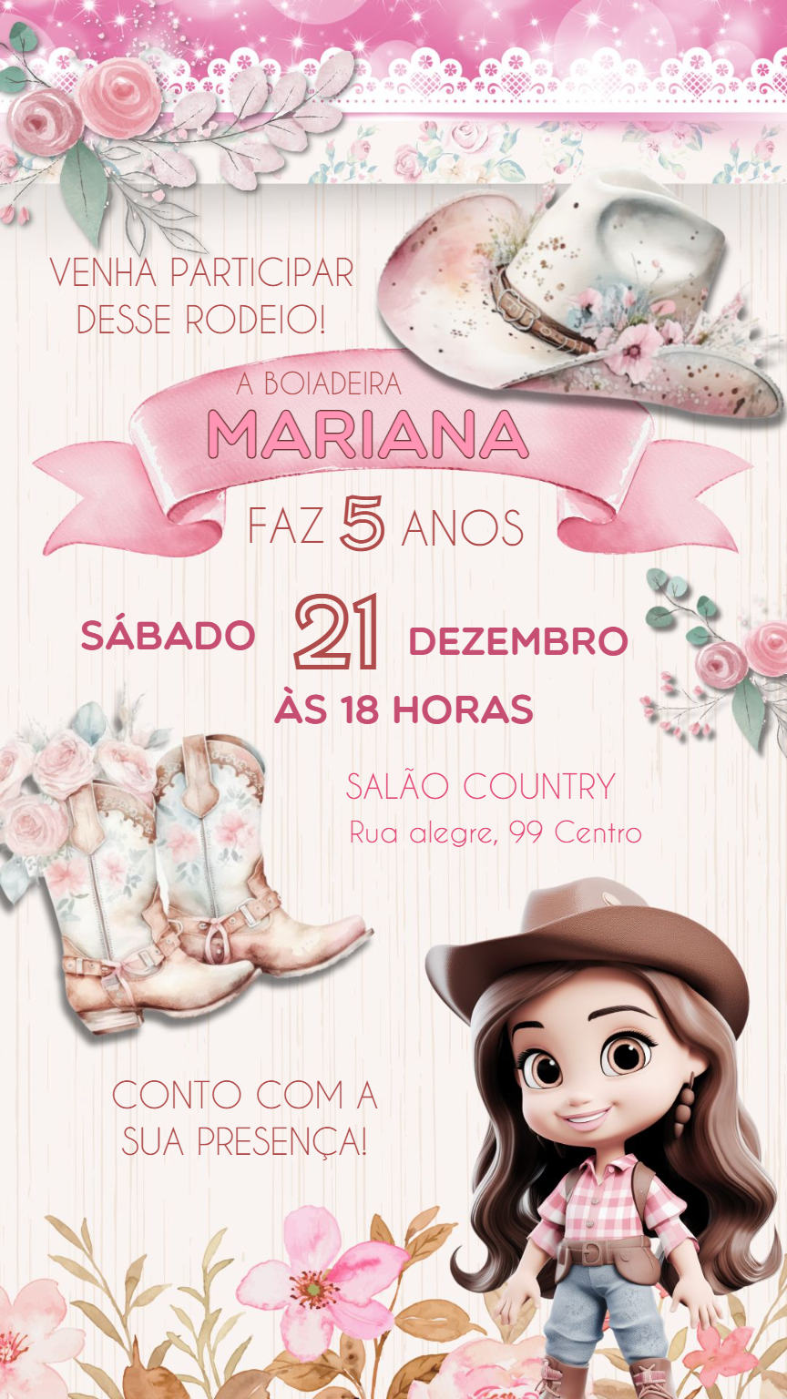 Convite Aniversário Boiadeira Rosa Delicado para Editar Convite Aniversário Boiadeira Rosa Delicado para Editar
