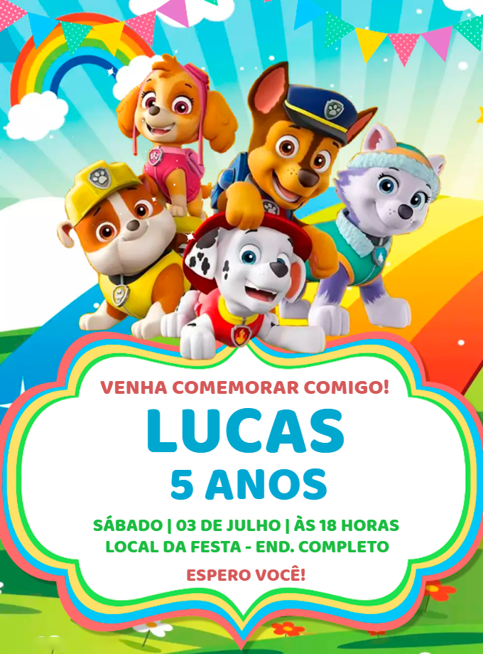 Convite Aniversário Patrulha Canina Colorido para Editar Online Convite Aniversário Patrulha Canina Colorido para Editar Online