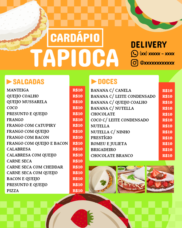 Cardápio de Tapioca Editável com Design Moderno para Editar Cardápio de Tapioca Editável com Design Moderno para Editar