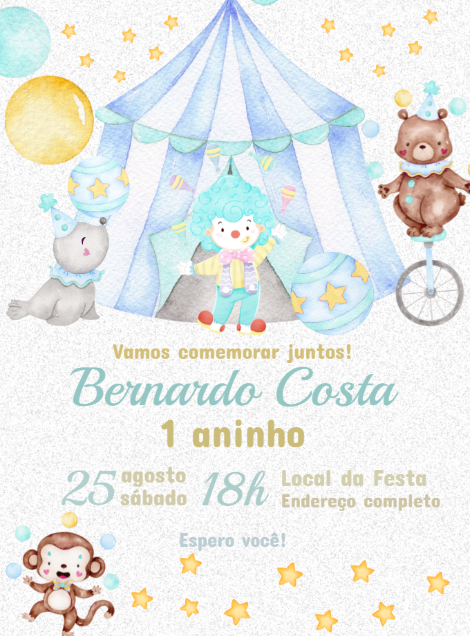 Convite de Aniversário Circo Aquarela Azul para Editar Online Convite de Aniversário Circo Aquarela Azul para Editar Online