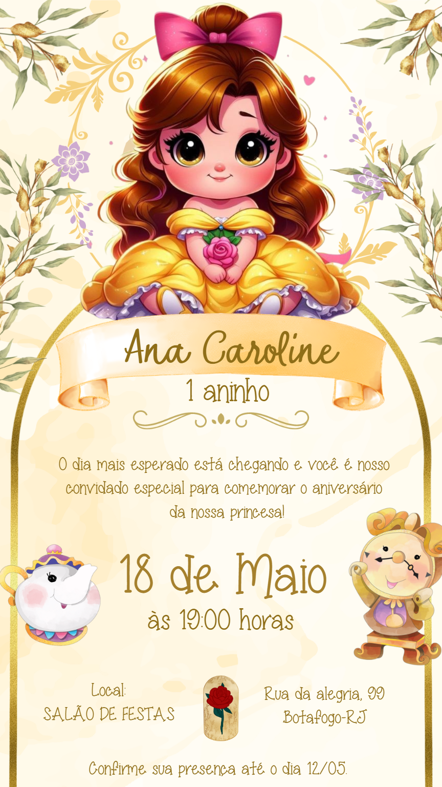 Convite Aniversário A Bela e a Fera Cute para Editar Online