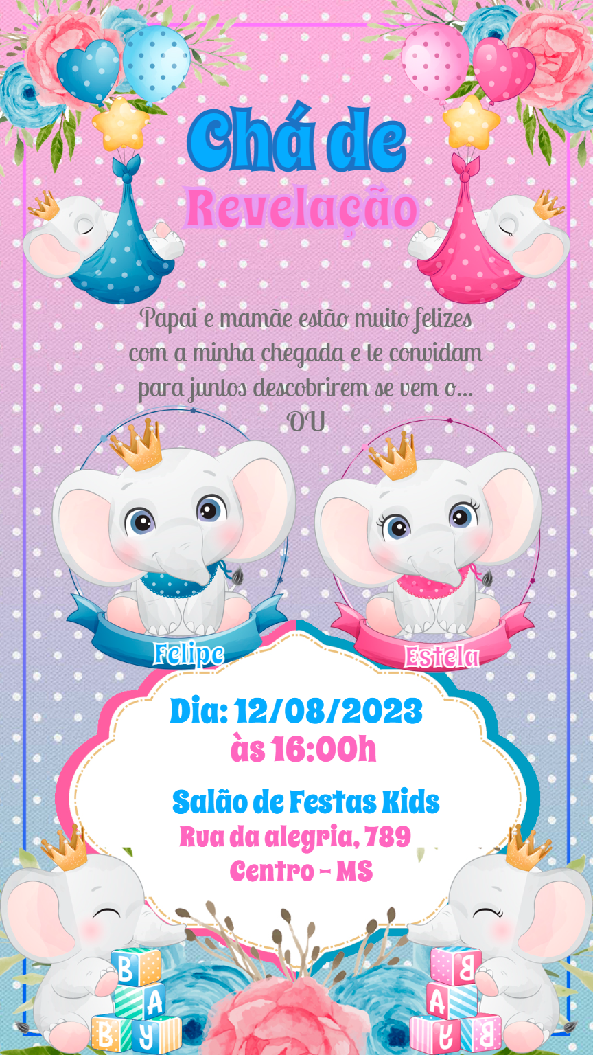 Convite Chá de Revelação Elefante para Editar Online Convite Chá de Revelação Elefante para Editar Online