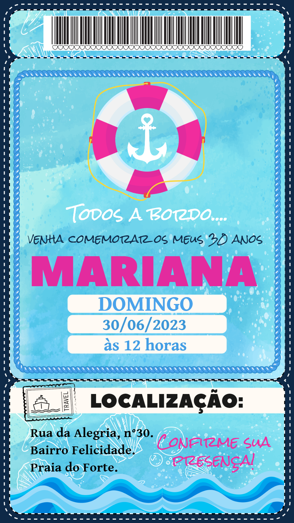 Convite Aniversário Náutico Cartão de Embarque Editável Online Convite Aniversário Náutico Cartão de Embarque Editável Online