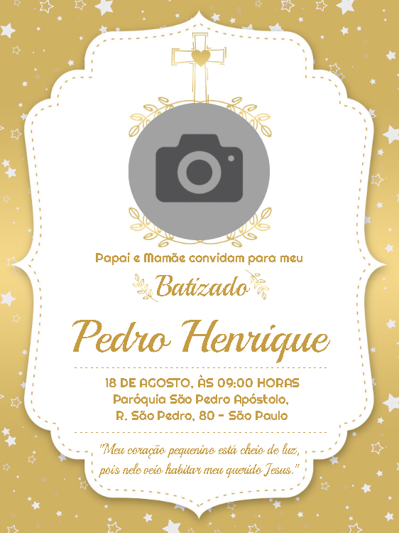 Convite de Batizado Dourado com Foto para Editar Online Convite de Batizado Dourado com Foto para Editar Online