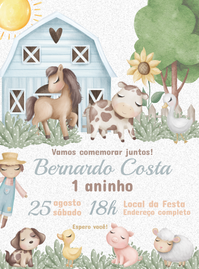 Convite Aniversário Fazendinha Azul Aquarela para Editar Online Convite Aniversário Fazendinha Azul Aquarela para Editar Online