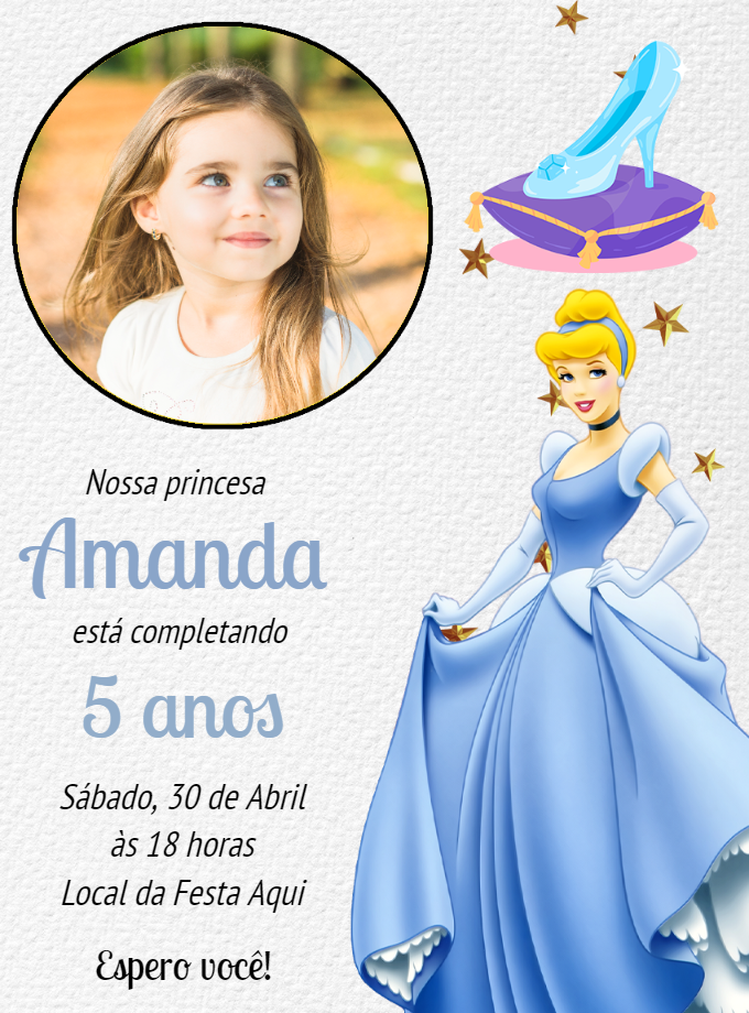 Convite de Aniversário Cinderela com Foto para Editar Online Convite de Aniversário Cinderela com Foto para Editar Online