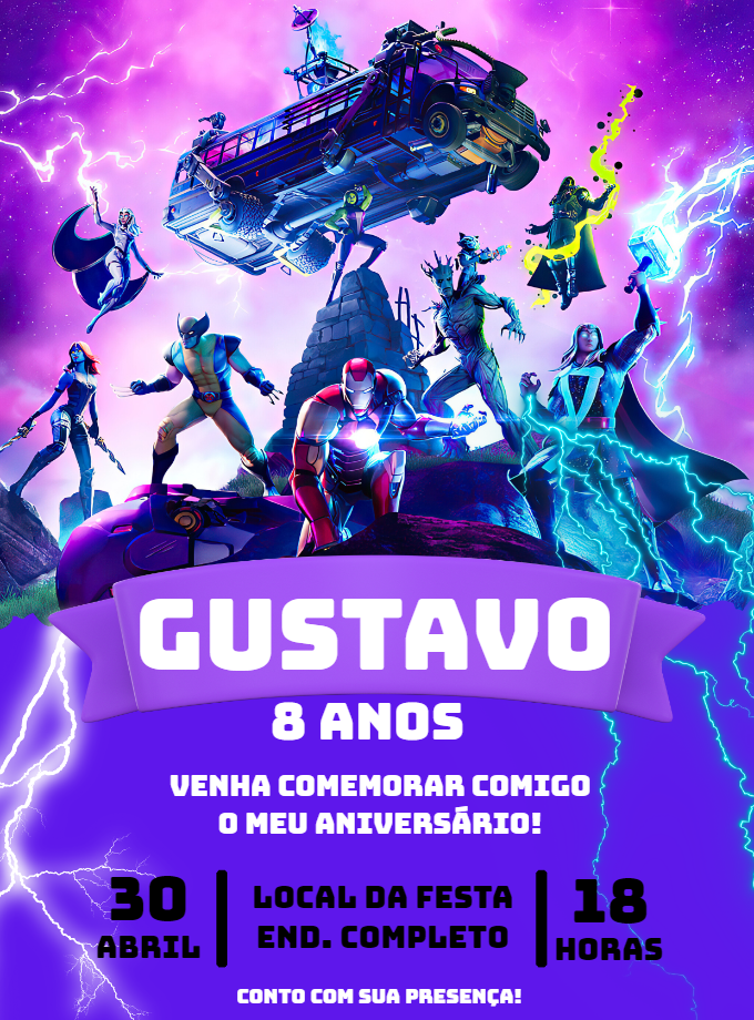 Convite de Aniversário Fortnite e Heróis para Editar Online Convite de Aniversário Fortnite e Heróis para Editar Online