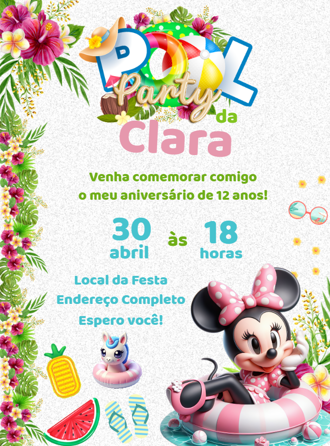 Convite Aniversário Pool Party da Minnie para Editar Online Convite Aniversário Pool Party da Minnie para Editar Online