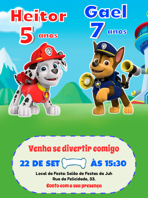 Convite Aniversário Duplo Patrulha Canina para Editar Online Convite Aniversário Duplo Patrulha Canina para Editar Online