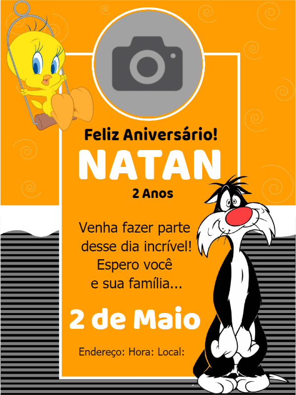 Convite Aniversário Piu Piu e Frajola com Foto para Editar Convite Aniversário Piu Piu e Frajola com Foto para Editar