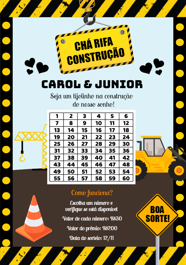 Rifa Editável Online Tema Construção para Imprimir Rifa Editável Online Tema Construção para Imprimir