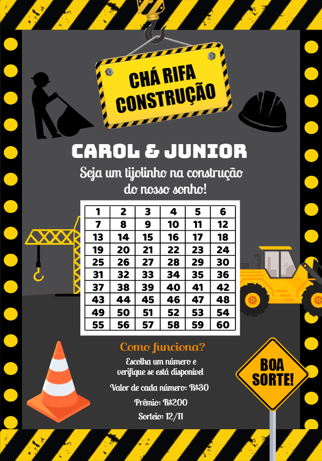 Chá Rifa Construção Editável Online para Imprimir e Enviar Chá Rifa Construção Editável Online para Imprimir e Enviar