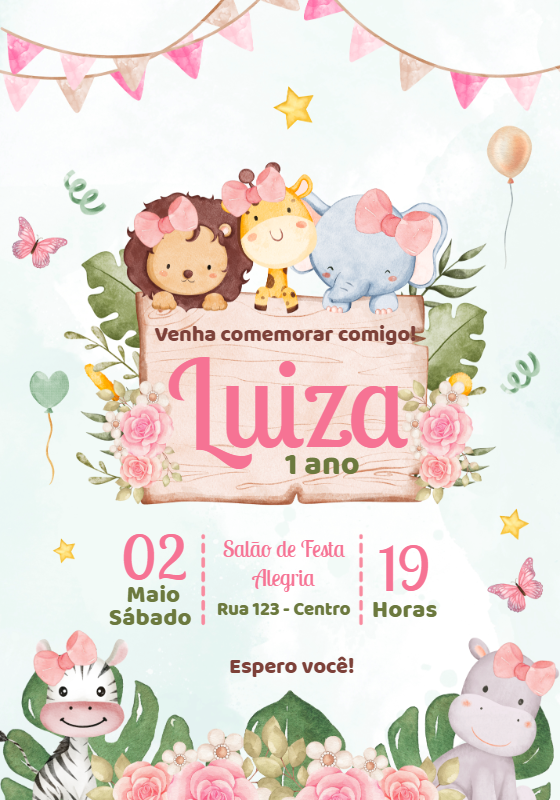 Convite Aniversário Safari Menina Aquarela para Editar Online Convite Aniversário Safari Menina Aquarela para Editar Online