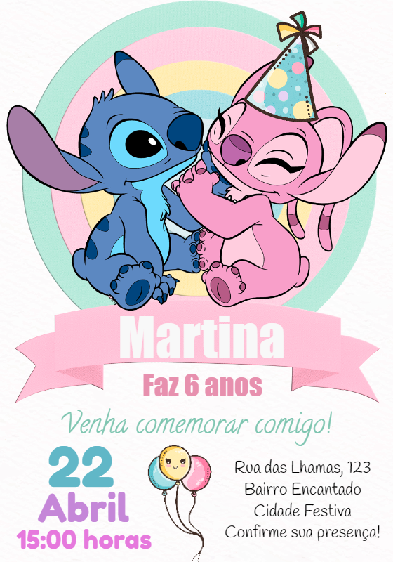 Convite de Aniversário Stitch e Angel para Editar Online Convite de Aniversário Stitch e Angel para Editar Online