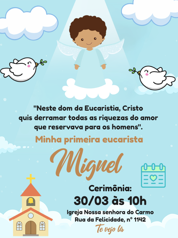 Convite Primeira Eucaristia Menino Anjo para Editar Online Convite Primeira Eucaristia Menino Anjo para Editar Online