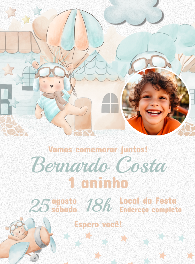 Convite Aniversário Ursinho Aviador com Foto para Editar Convite Aniversário Ursinho Aviador com Foto para Editar