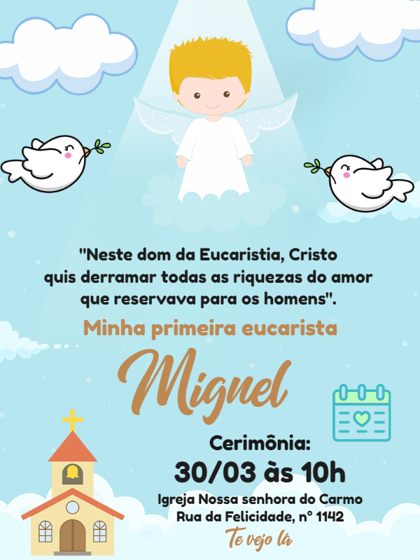Convite Primeira Eucaristia Menino Anjinho para Editar Online Convite Primeira Eucaristia Menino Anjinho para Editar Online
