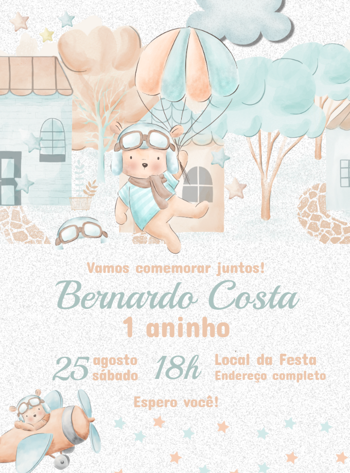 Convite Ursinho Aviador Aquarela para Aniversário Editável Convite Ursinho Aviador Aquarela para Aniversário Editável