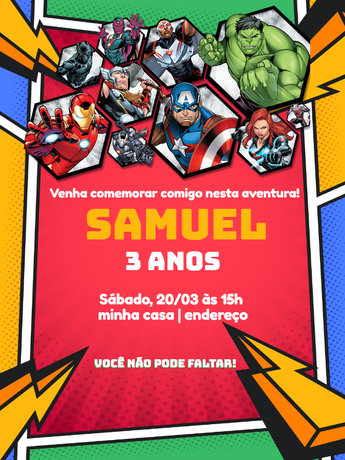 Convite Aniversário Vingadores com Heróis para Editar Online Convite Aniversário Vingadores com Heróis para Editar Online