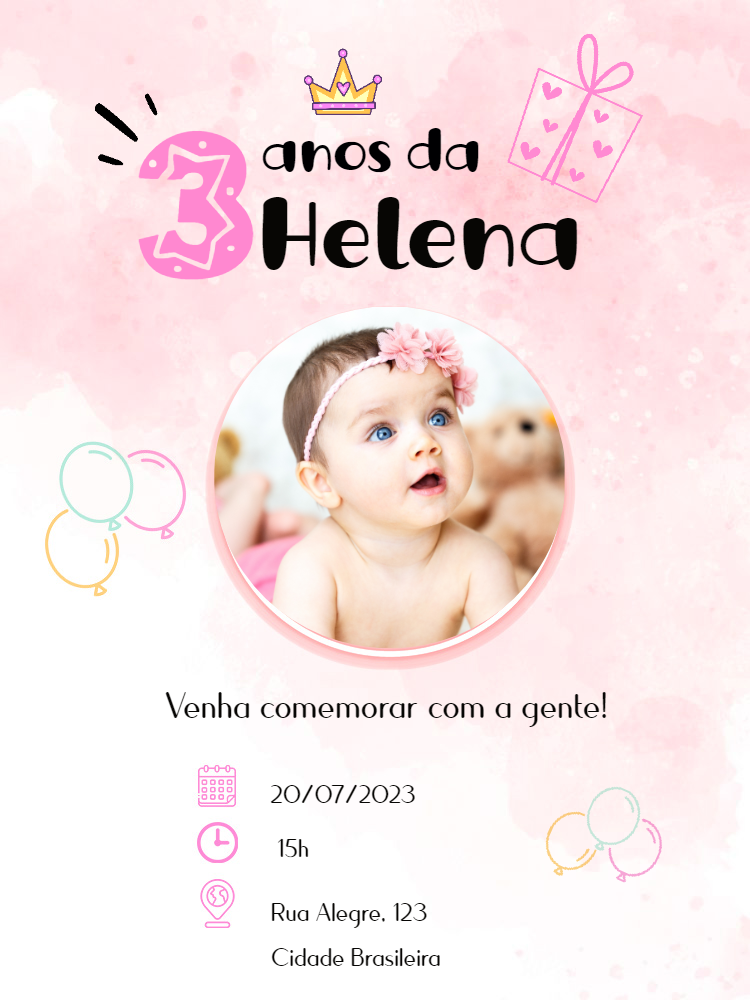 Convite de Aniversário Menina com Foto para Editar Online Convite de Aniversário Menina com Foto para Editar Online