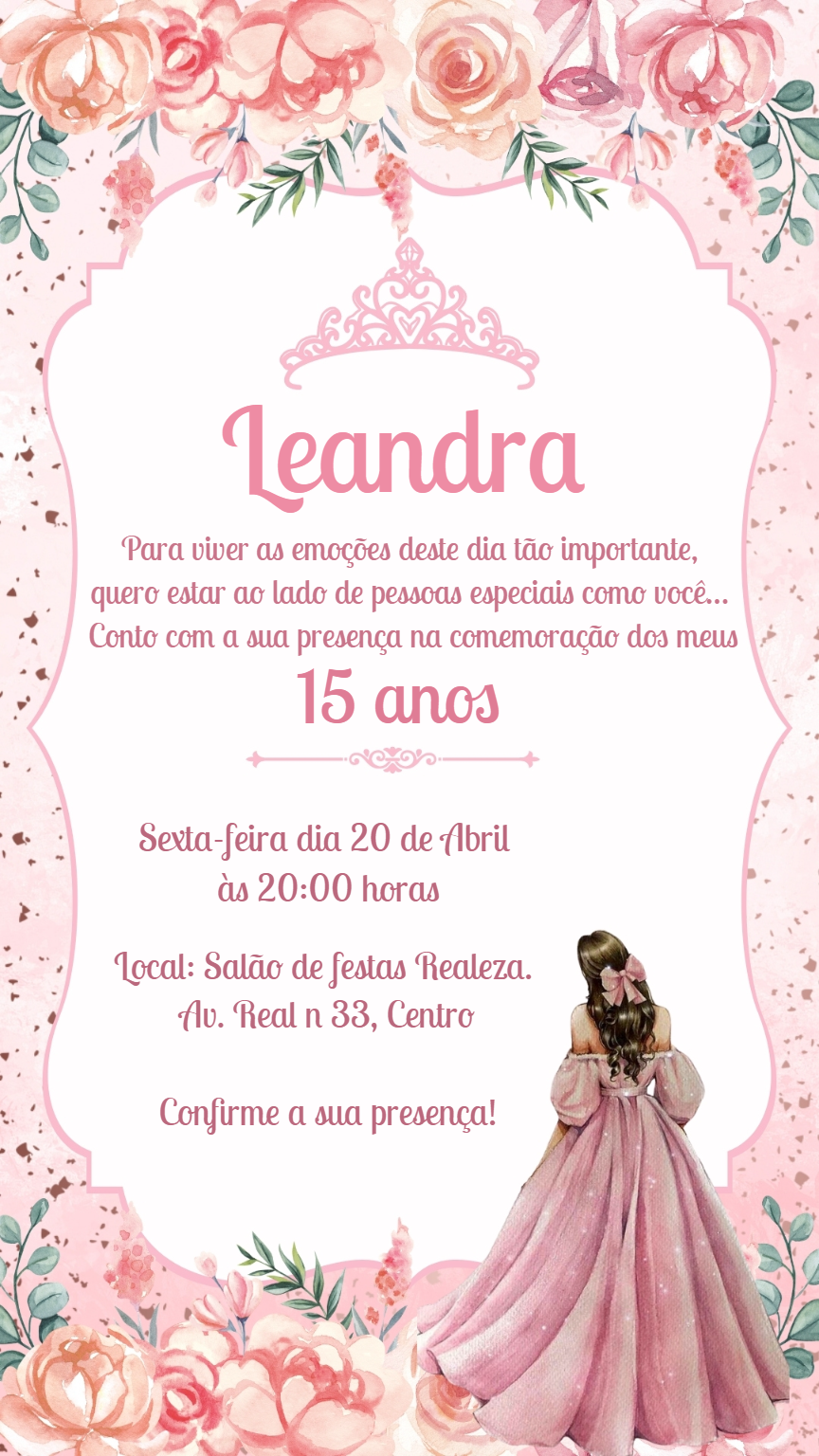 Convite 15 Anos Princesa Floral para Editar Online Convite 15 Anos Princesa Floral para Editar Online