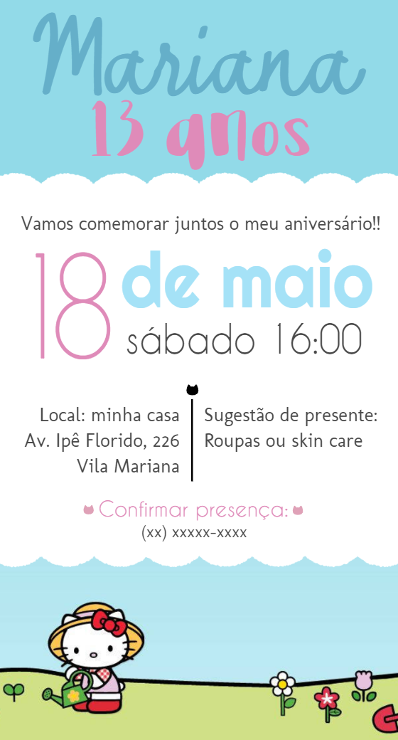 Convite de Aniversário Hello Kitty no Jardim para Editar Online Convite de Aniversário Hello Kitty no Jardim para Editar Online