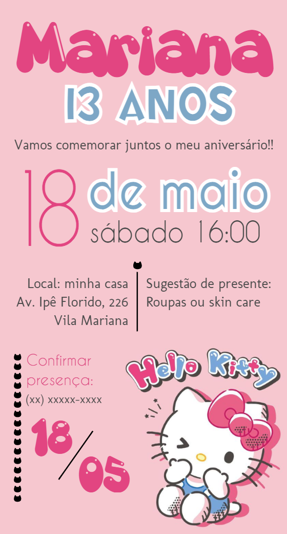 Convite de Aniversário Hello Kitty para Editar Online Convite de Aniversário Hello Kitty para Editar Online