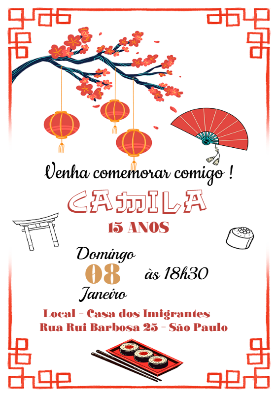 Convite de Aniversário Oriental com Lanternas para Editar Online Convite de Aniversário Oriental com Lanternas para Editar Online