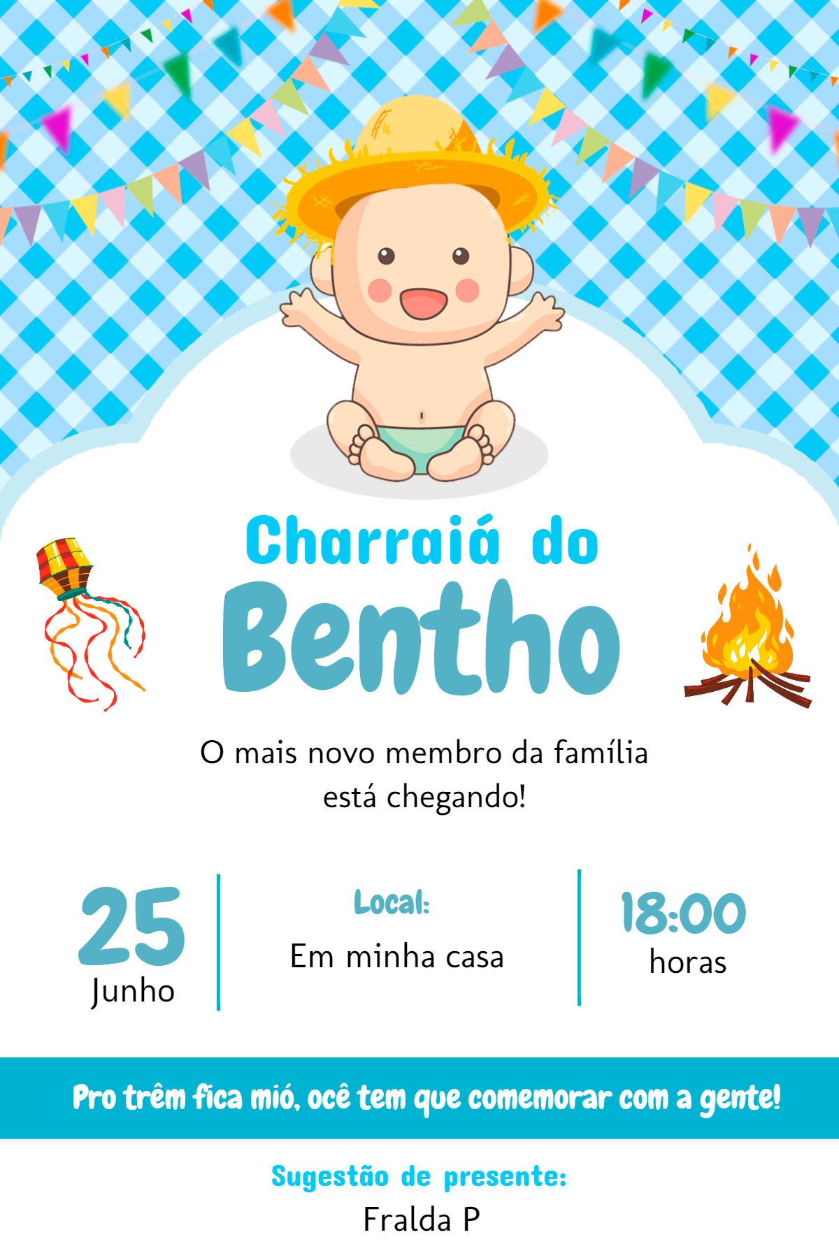 Convite Charraiá de Fraldas com Bebê Fofo para Editar Online Convite Charraiá de Fraldas com Bebê Fofo para Editar Online