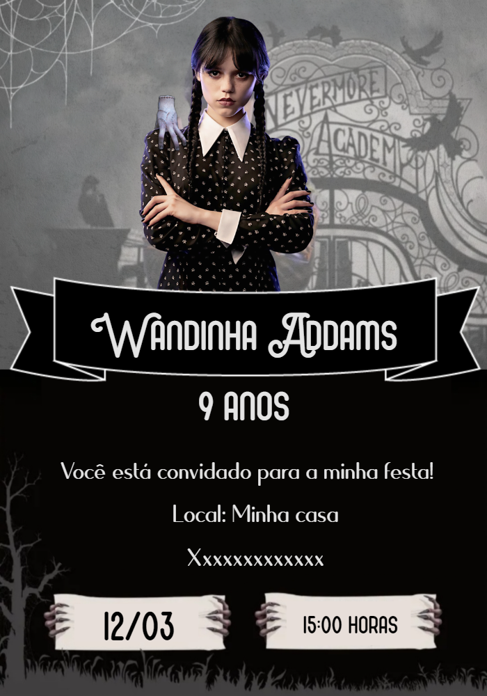 Convite de Aniversário Wandinha Addams para Editar Online Convite de Aniversário Wandinha Addams para Editar Online