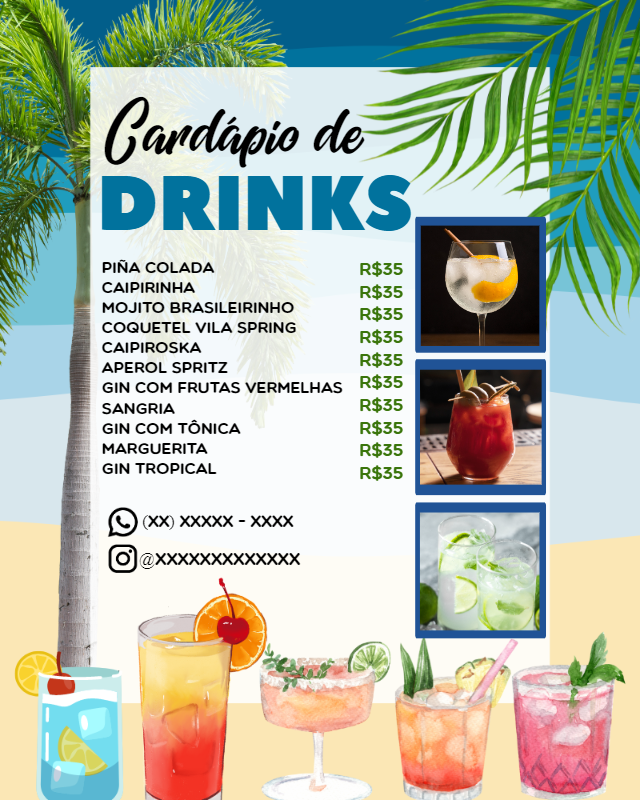 Cardápio de Drinks Tropical Editável para Imprimir