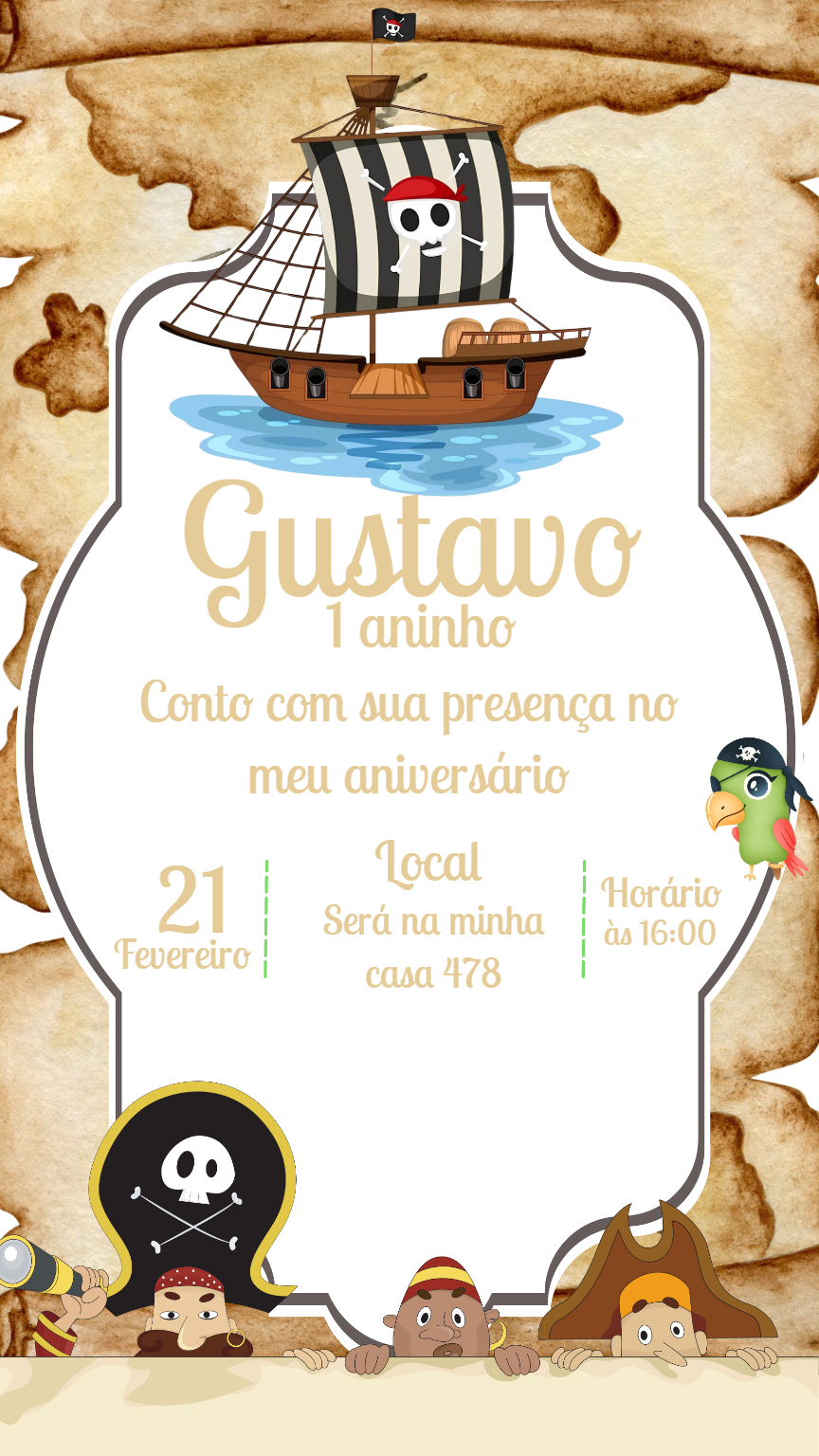 Convite de Aniversário Pirata com Navio para Editar Online Convite de Aniversário Pirata com Navio para Editar Online