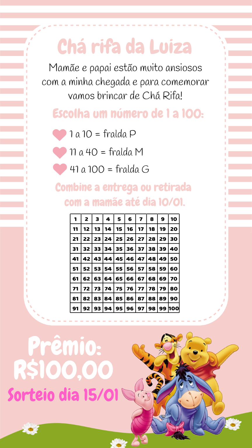 Convite Chá Rifa Ursinho Pooh Menina para Editar Online