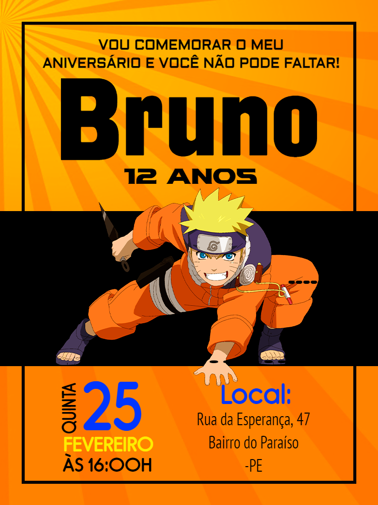 Convite Aniversário Naruto para Editar e Personalizar Online Convite Aniversário Naruto para Editar e Personalizar Online