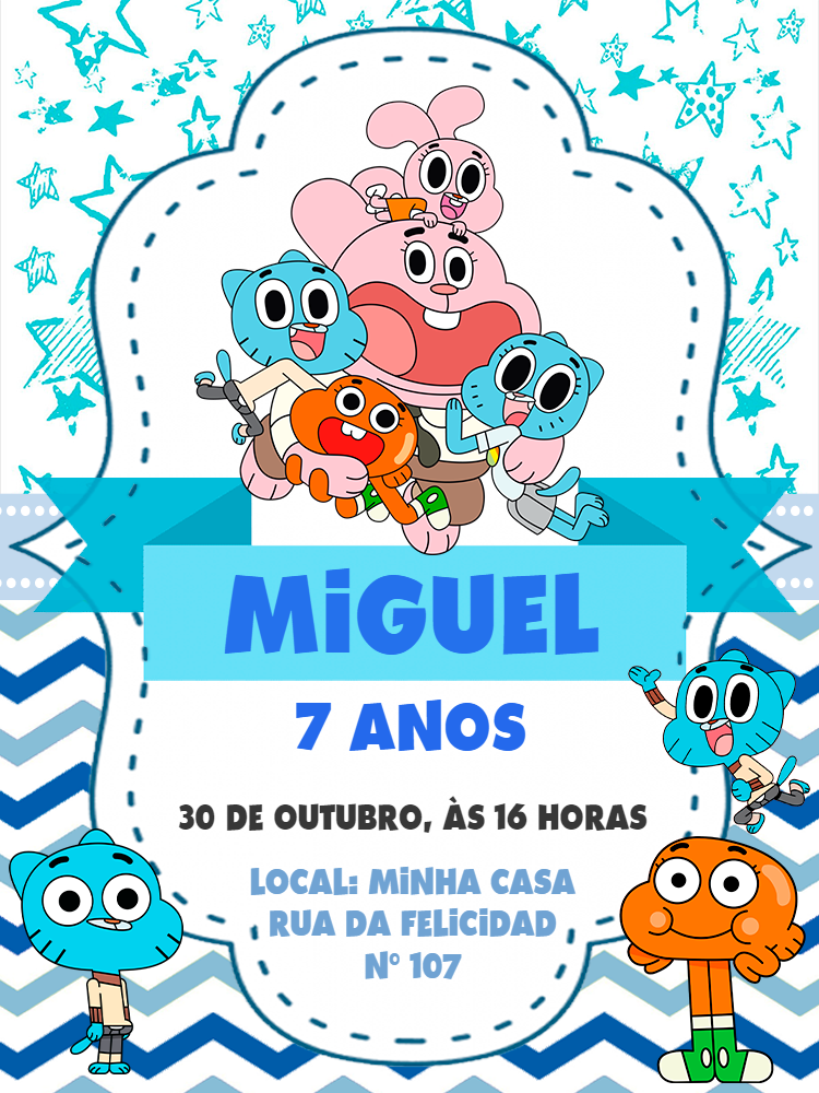 Convite de Aniversário Gumball com Personagens para Editar Convite de Aniversário Gumball com Personagens para Editar