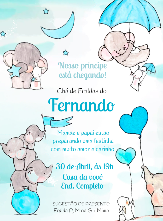 Convite Chá de Fraldas Elefantinho Azul para Editar Online